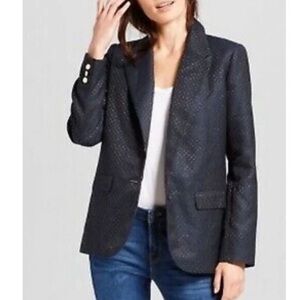 AND Navy Blue and Gold Polka Dot Textured Blazer Metallic Gold Foil Suit Jacket